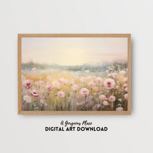 Spring Print, Flower Field Landscape Printable Art Vintage Decor Flower Meadow Oil Painting Summer Wildflower Abstract Style Garden Painting