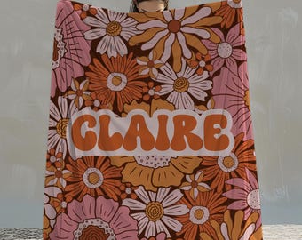Retro Floral Name Blanket, Teen Girl Gift, Matching Cousins Throw, Roommate Gift, Blanket for Daughter, College Dorm, Baby Girl