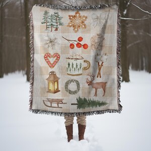 Neutral Woven Christmas Blanket | Cozy Holiday Woven Throw Christmas Tapestry Blanket Whimsical Decor Fringe Blanket Wedding Christmas Gifts