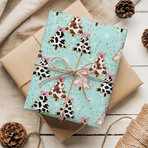 Preppy Western Christmas Wrapping Paper, Cow Print Trees and Bows, Retro Gift Wrap