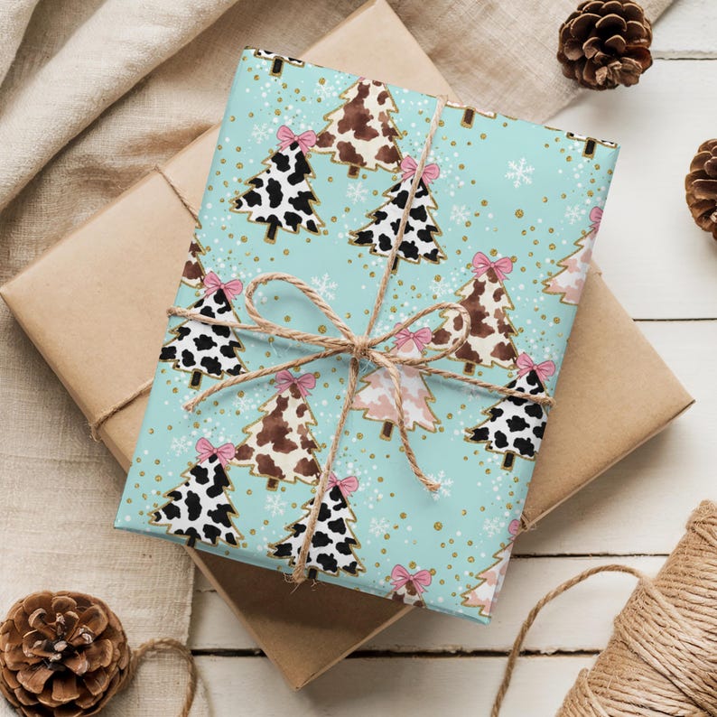 Preppy Western Christmas Wrapping Paper, Cow Print Trees and Bows, Retro Gift Wrap