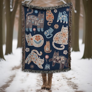 Woven Cat Blanket, Cat Tapestry Blanket, Cat Woven Blanket, Cat Lady Gift, Cat Mom Gift, Cat Lovers Wall Tapestry Unique Whimsical Boho Blue
