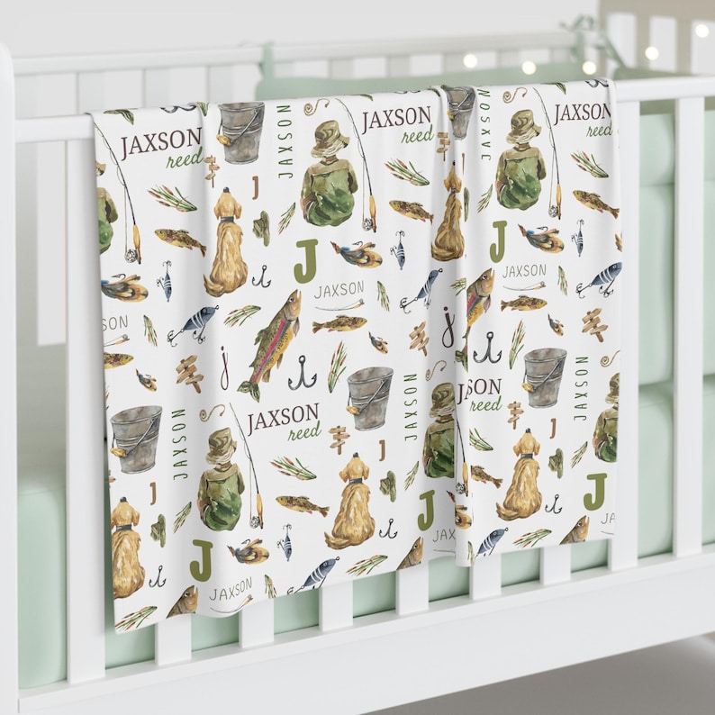 Fishing Blanket for Boys, Personalized Baby Fish Blanket, Custom Baby Name Blanket, Fishing Baby Shower Gift, Fishing Nursery Decor, Minky