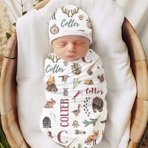 Personalized Hunting Baby Swaddle Blanket Fishing Woodland Forest Baby Shower Gift Hospital Name Blanket Baby Jersey Minky Toddler Birthday