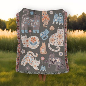 Woven Cat Blanket, Cat Tapestry Blanket, Cat Woven Blanket, Cat Lady Gift, Cat Mom Gift, Cat Lovers Wall Tapestry Unique Whimsical Boho Gray