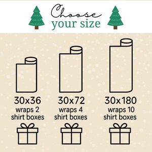 May include: Image showing three size options for wrapping paper. The text "Choose your size" is at the top. The sizes are 30x36 inches, 30x72 inches, and 30x180 inches, each with a graphic of a wrapped shirt box.
