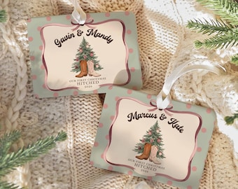 First Christmas Hitched Story Ornament, Personalized Western Wedding Keepsake, Cowboy Couple Gift 2026