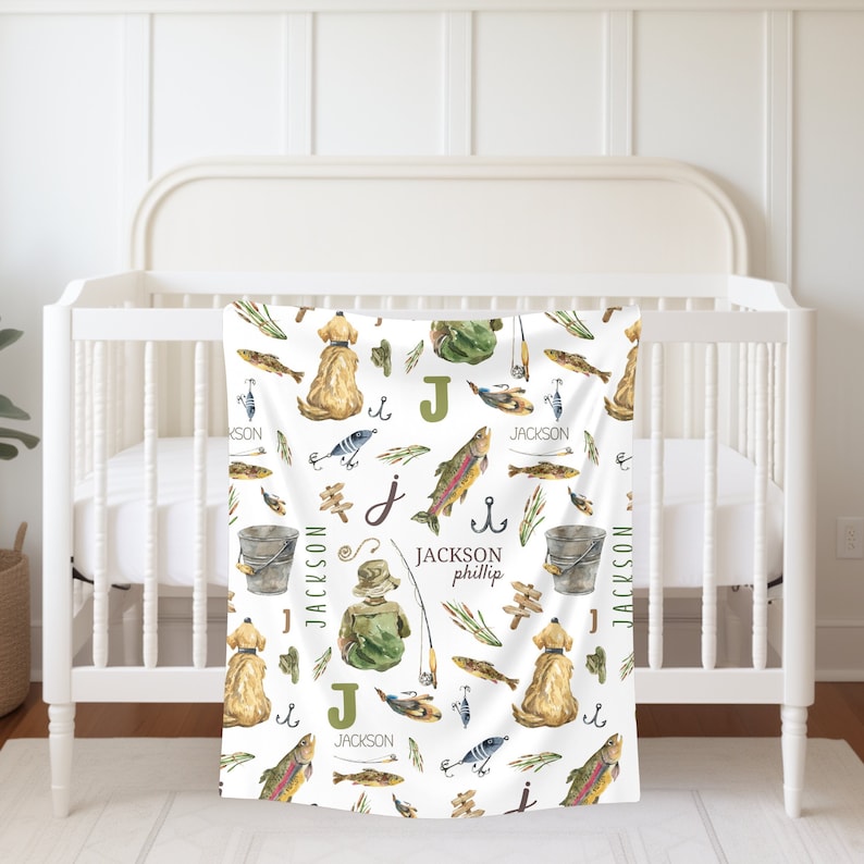 Fishing Blanket for Boys, Personalized Baby Fish Blanket, Custom Baby Name Blanket, Fishing Baby Shower Gift, Fishing Nursery Decor, Minky