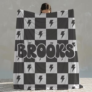 Boys Personalized Lightning Bolt Blanket Baby Name Custom Checkered Blanket Shower Gift Newborn Toddler Neutral Matching Cousin Ring Bearer