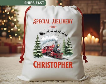 Boys Christmas Train Sack, Personalized Santa Gift Bag