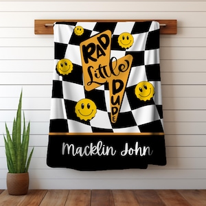 Rad Little Dude Checker Lightning Bolt Blanket, Personalized Nursery Skater Throw for Boys, Baby Shower Gift, Daycare, Long Live Boyhood