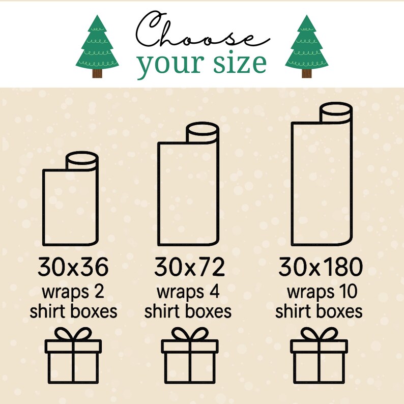May include: Image showing three sizes of wrapping paper rolls: 30x36 inches, 30x72 inches, and 30x180 inches. Each size is accompanied by text indicating how many shirt boxes it wraps. The phrase "Choose your size" is at the top.