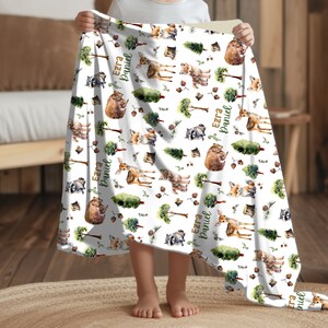 Personalized Forest Woodland Animal Swaddle, Baby Name Blanket, Deer Hunting Jersey Swaddle Baby Shower Gift Toddler Birthday Baby Animals Fox Deer Hunting Outdoor Nature Natural Nature Baby Shower