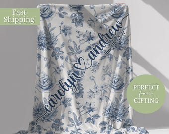 Blue Toile Wedding Blanket, Personalized Couple Gift
