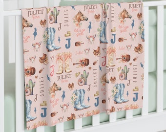 Personalized Cowgirl Blanket Baby Name Pink Cow Girl Blanket Swaddle Set Western Newborn Nursery Decor Hospital Going Home Personalized Boho