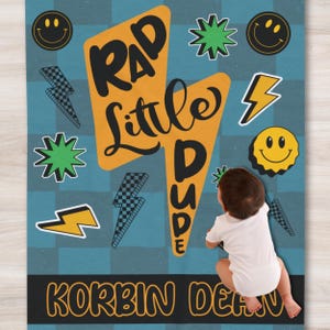 Rad Little Dude Lightning Bolt Name Blanket - Cool Personalized Nursery Face Skater Throw, Boys Baby Shower Gift, Daycare, Long Live Boyhood