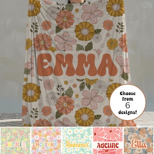 Personalized Custom Kids Flower Retro Blanket with Name Custom Birthday Anniversary Baby Name Blanket Gift Daughter Teen Girl Baby Shower