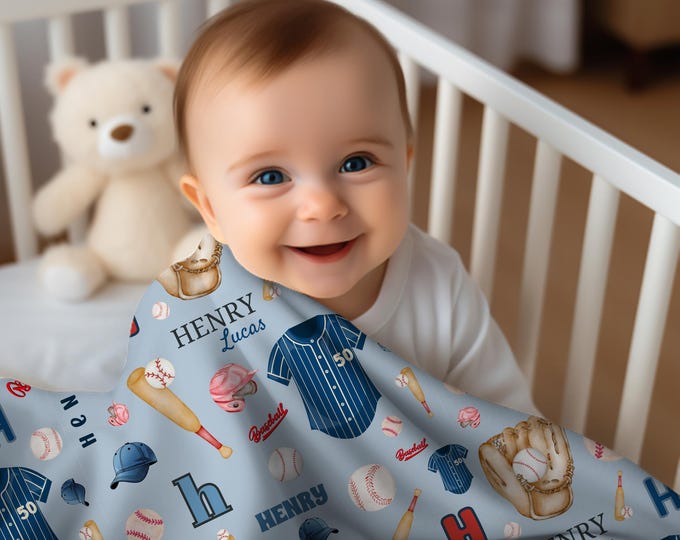 Baseball Baby Name Blanket Personalized Baby Boy Base Ball Themed Baby Shower Gift Custom Toddler Blanket Sports Quilt