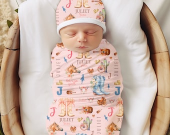 Custom Cowgirl Swaddle Blanket Pink Cow Girl Baby Name Blanket Swaddle Set Western Newborn Nursery Decor Hospital Going Home Personalized