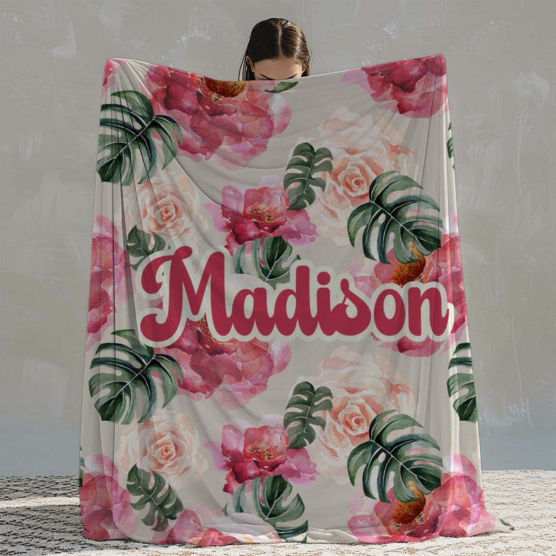 Retro Flower Name Blanket Monstera Plant, Personalized Custom Teen Girl