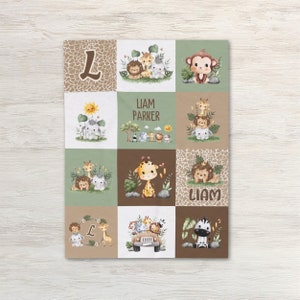 Personalized Safari Baby Blanket, Jungle Nursery Throw, Newborn Baby Shower Gift Boy Girl Lion Monkey Tiger Giraffe Custom Toddler Minky