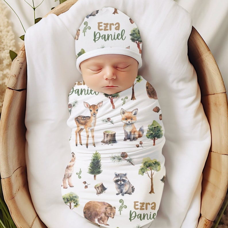 Personalized Forest Woodland Animal Swaddle, Baby Name Blanket, Deer Hunting Jersey Swaddle Baby Shower Gift Toddler Birthday Jersey Knit Swaddle Set with Hat Baby Deer, Bear, Fox, Raccoon, Acorns, Pine, Outdoorsman Dad New Baby Gift