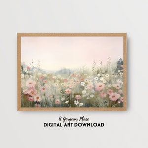 Wildflower Flower Field Printable Summer Wall Art Spring Landscape Print | Pink Floral Farmhouse Countryside Oil Painting Vintage Meadow