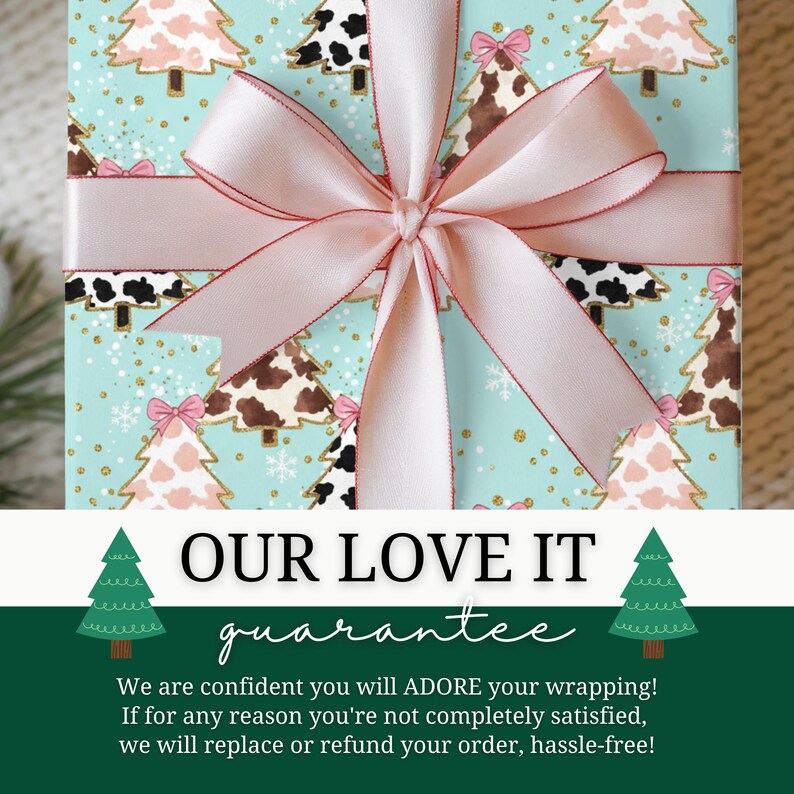 Preppy Western Christmas Wrapping Paper, Cow Print Trees and Bows, Retro Gift Wrap