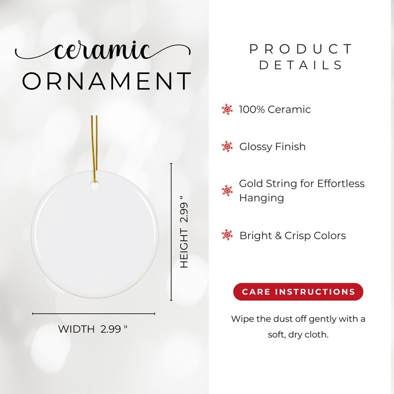 May include: A white ceramic ornament with a glossy finish, 2.99 inches in height and width, featuring a gold string for hanging. The product details include a 100% ceramic composition and bright colors. The text on the image says "ceramic ORNAMENT".