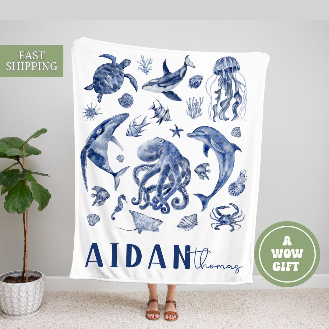 Personalized Nautical Baby Blanket Under the Sea Nursery Bedding Custom ...