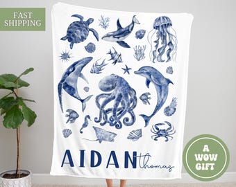 Personalized Nautical Baby Blanket Under the Sea Nursery Bedding Custom Name Blanket Ocean Crib Blanket Baby Shower Nautical Nursery Decor