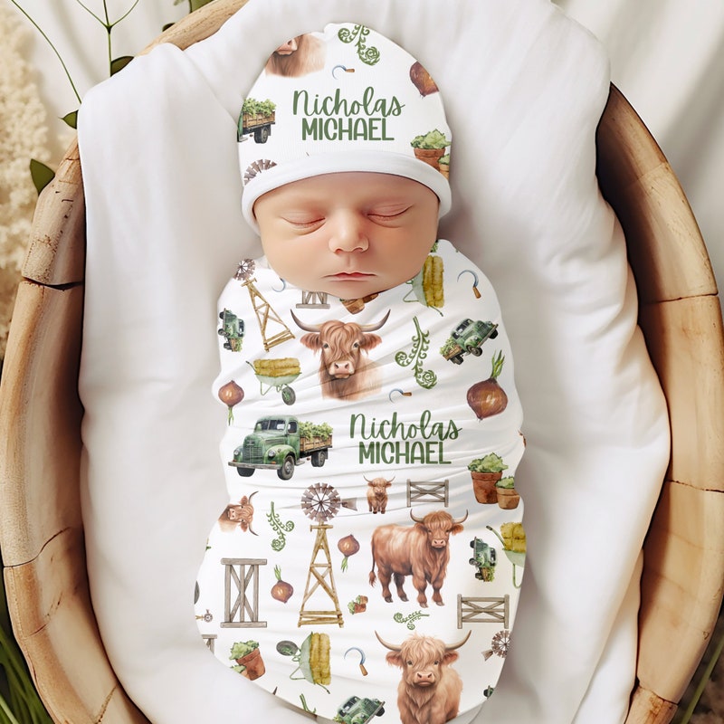 🎁 Buy 2 FREE SHIPPING🎁Personalized Highland Cow Swaddle, Baby Farm Blanket Cow Blanket, Baby Name Blanket, Jersey Swaddle Hospital Baby Shower Gift, Toddler Birthday