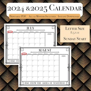Calendario mensual imprimible 2024 y 2025/ Descarga instantánea/ Listo para imprimir/ PDF de 12 páginas/ Calendario en blanco/ Calendario Art Déco/ Imprimible de 8,5 pulgadas x 11 pulgadas