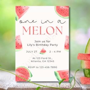Editable 1st Birthday Invite. One in A Melon. Watermelon. Summer. Pastel. Watercolor