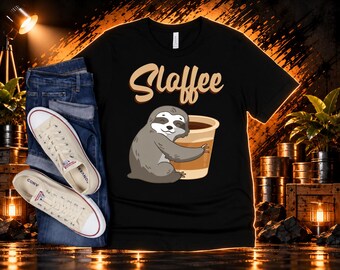 May include: A black t-shirt featuring a graphic of a brown sloth hugging a large coffee cup with the text "Slaffee" printed in a tan font above the illustration. The shirt is displayed alongside a pair of blue denim jeans and beige sneakers.