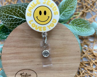 Smiley face badge reel, Jesus loves you, Jesus loves you badge reel, smile badge reel, Christian badge reel, cute badge reel, cheery badge
