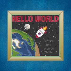 Patrón de punto de cruz para anunciar el nacimiento de un cohete espacial Hello World