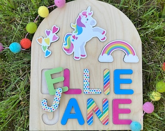 Unicorn Rainbow Theme Wooden Name Puzzle | Personalized Name Puzzle | Wooden Name Puzzle | Personalized Gift for Kids