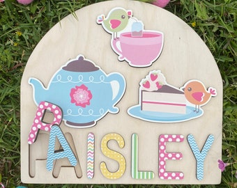 Tea Party Theme Wooden Name Puzzle | Personalized Name Puzzle | Wooden Name Puzzle | Personalized Gift for Kids