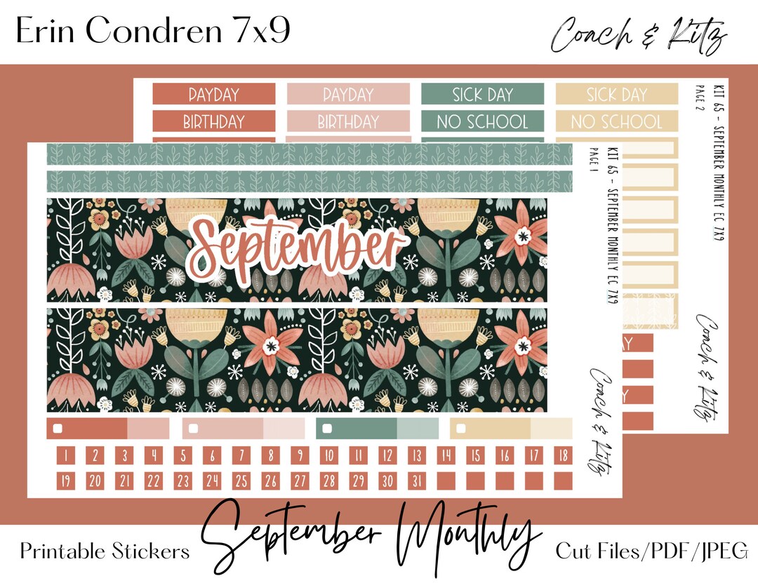 Kit 65 Erin Condren 7x9 September Monthly Printable Planner Stickers ...