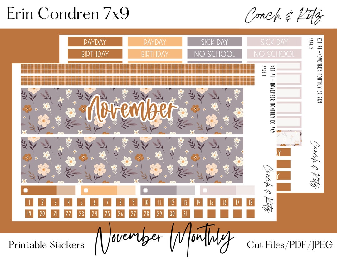 Kit 71 Erin Condren 7x9 November Monthly Printable Planner Stickers ...