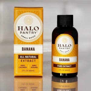 May include: A yellow and brown bottle of Halo Pantry Banana Pure Extract. The bottle is labeled with the brand name, product name, and size: 2 fl oz (60 ml).
