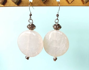 Natural White Agate Stone, Silver Plated, Drop Down Earrings