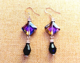 Geometric Clear Purple Glass Pendant, Black Teardrop Glass, Golden Hematite Accent, Gold Plated Drop Down Earrings
