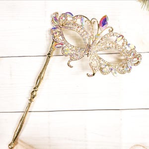 Crystal Masquerade Mask with Gold Stick: Venetian Prom Ball Mask