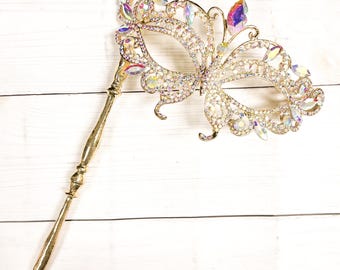 Crystal Masquerade Mask with Gold Stick: Venetian Prom Ball Mask
