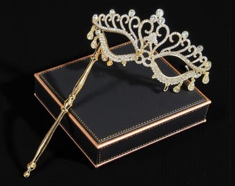 Gold-Maskerade Stick Maske, Maskenball Maske, Heimkehr Abschlussball Maske, klare Kristallmaske, venezianische Maske, Kostümmaske, Karnevalmaske