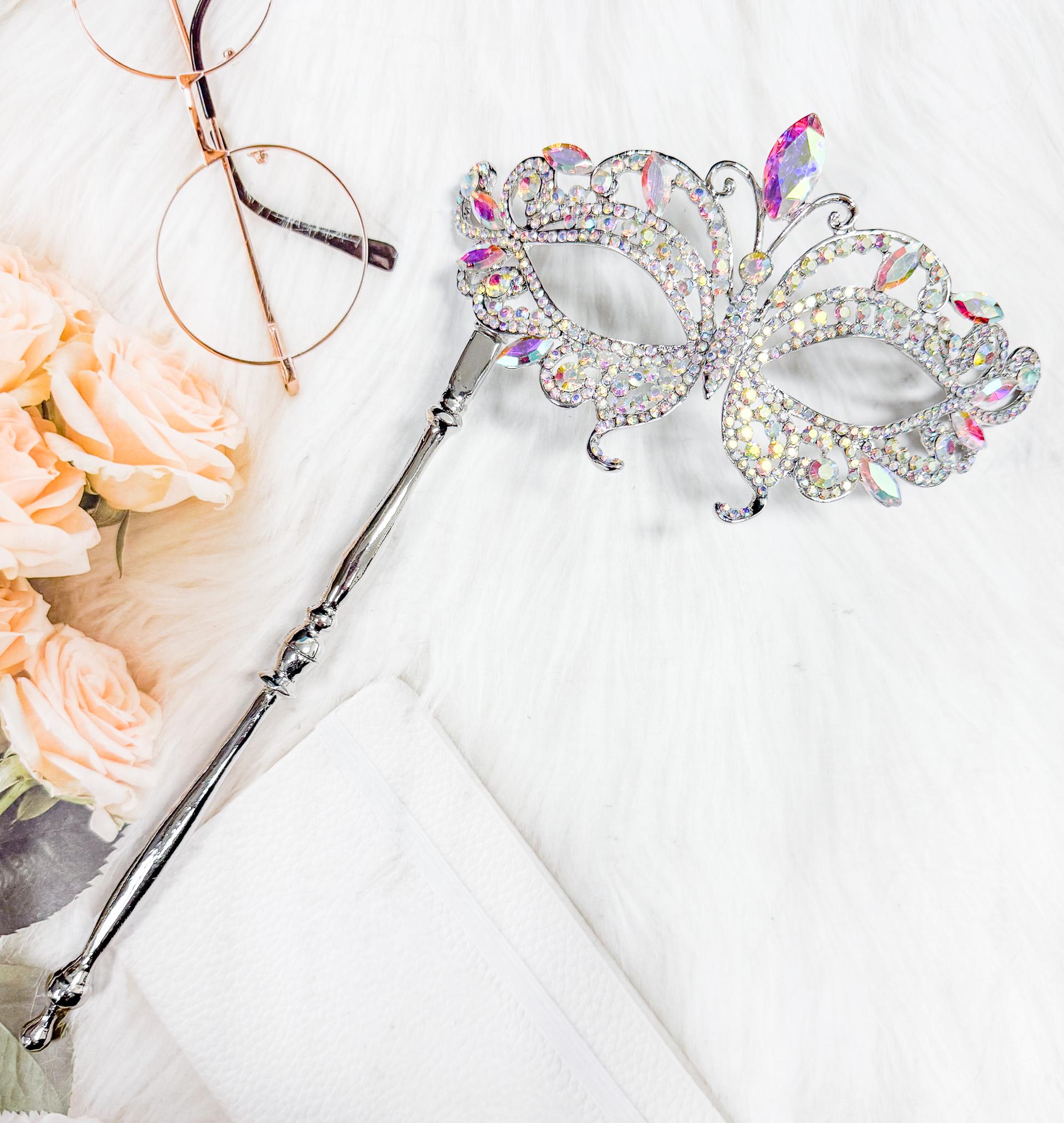 Crystal Masquerade Mask With Silver Stick: Rhinestone Prom Mask - Etsy