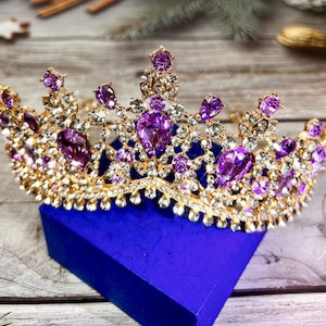 Mardi Gras Purple Tiara, Luxury Bridal Gold Crown, Prom, Crystal Crown, Princess Tiara, Birthday, Party, Pageant, Prom, Gift For her