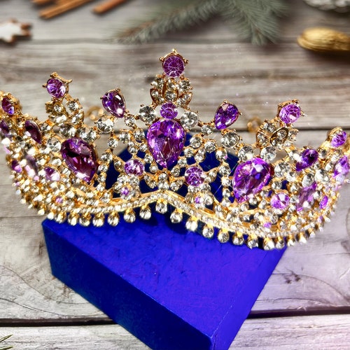 Mardi Gras Purple Tiara, Luxury Bridal Gold Crown, Prom  display picture 1